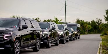 A line of black color cars by the side of a road