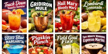 Colorful grid of eight popular cocktail drinks with names and ingredients.