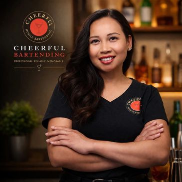Smiling female bartender, Anita, promoting Cheerful Bartending with professionalism and reliability.