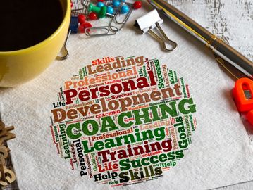 Word cloud with coaching and personal development terms.