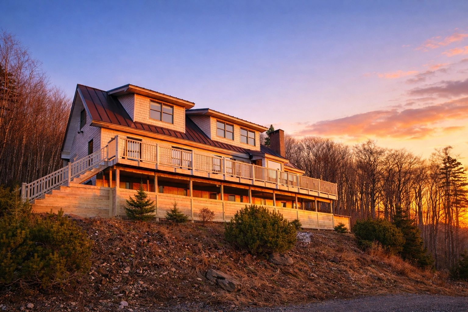 A wooden house on a hillside at sunset with a clear sky.