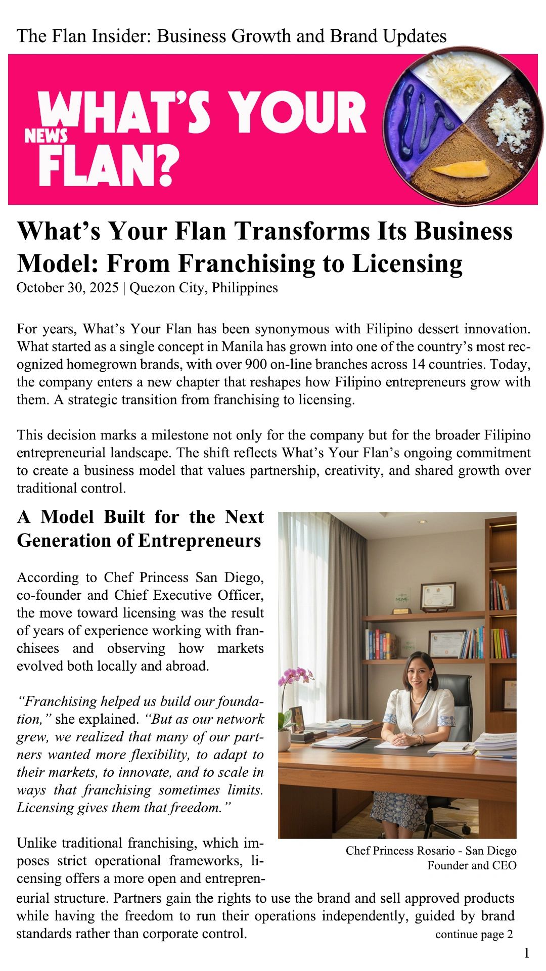 Founder Chef Princess Rosario San Diego discusses licensing shift at What’s Your Flan.