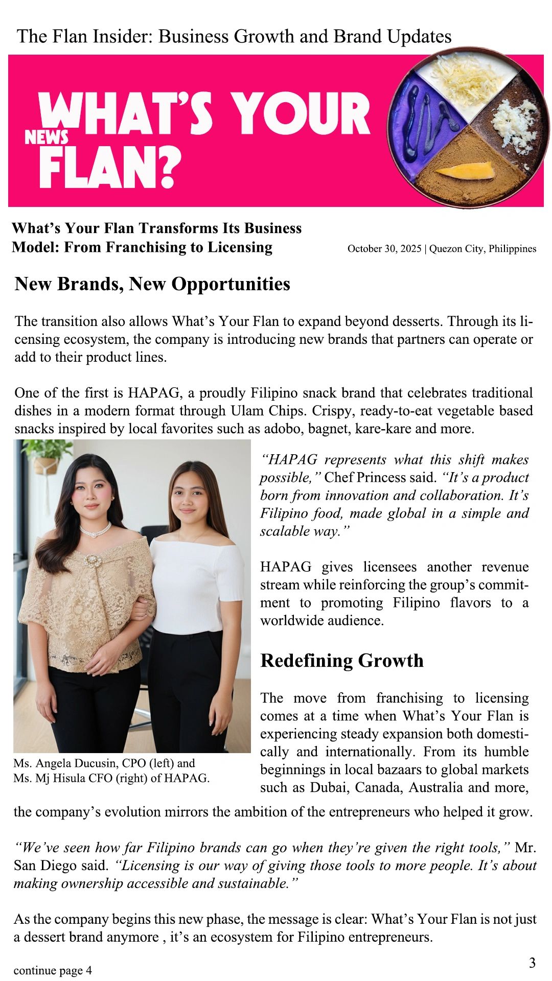 Business article on What’s Your Flan's licensing growth with a photo of two women executives.