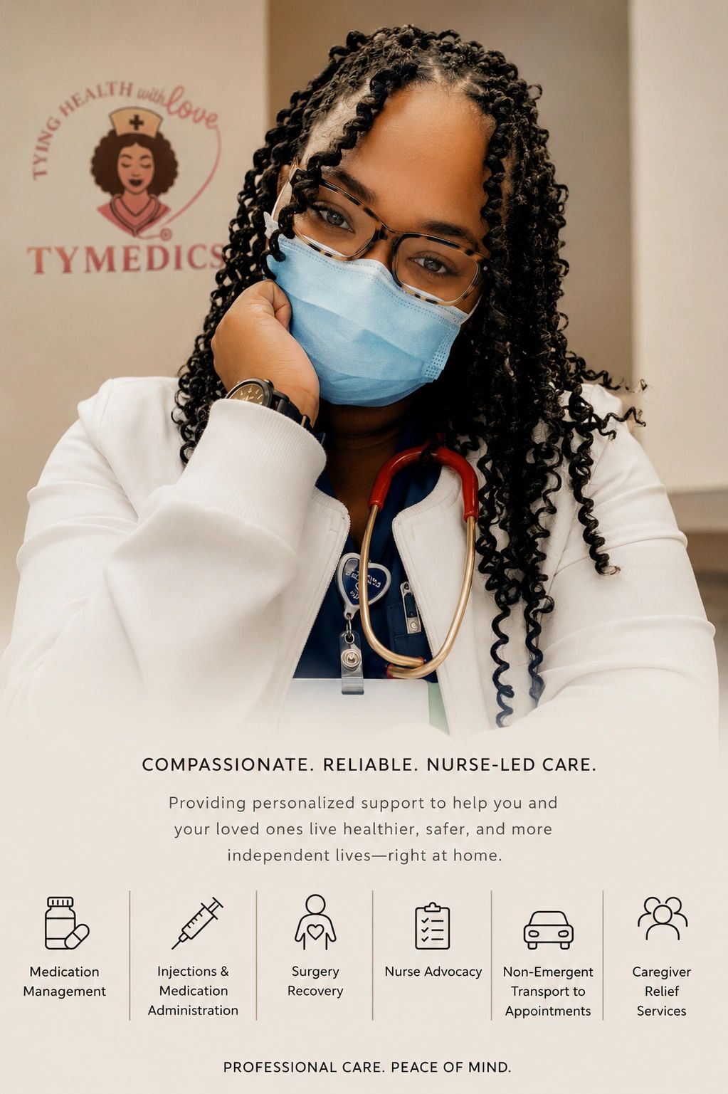 Nurse providing compassionate, reliable, nurse-led care with services like medication management and caregiver relief.