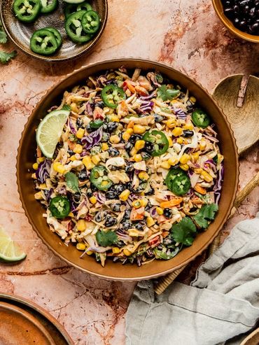 Colorful black bean and corn salad with jalapeño and lime.