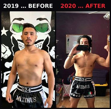 Speedy, Maximus Muay Thai fighter, before (2019) and after (2020) on Clean Eats Kitchen meal prep