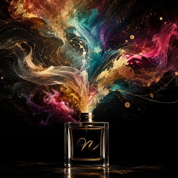 Colorful smoke bursts from a perfume bottle with a gold letter.