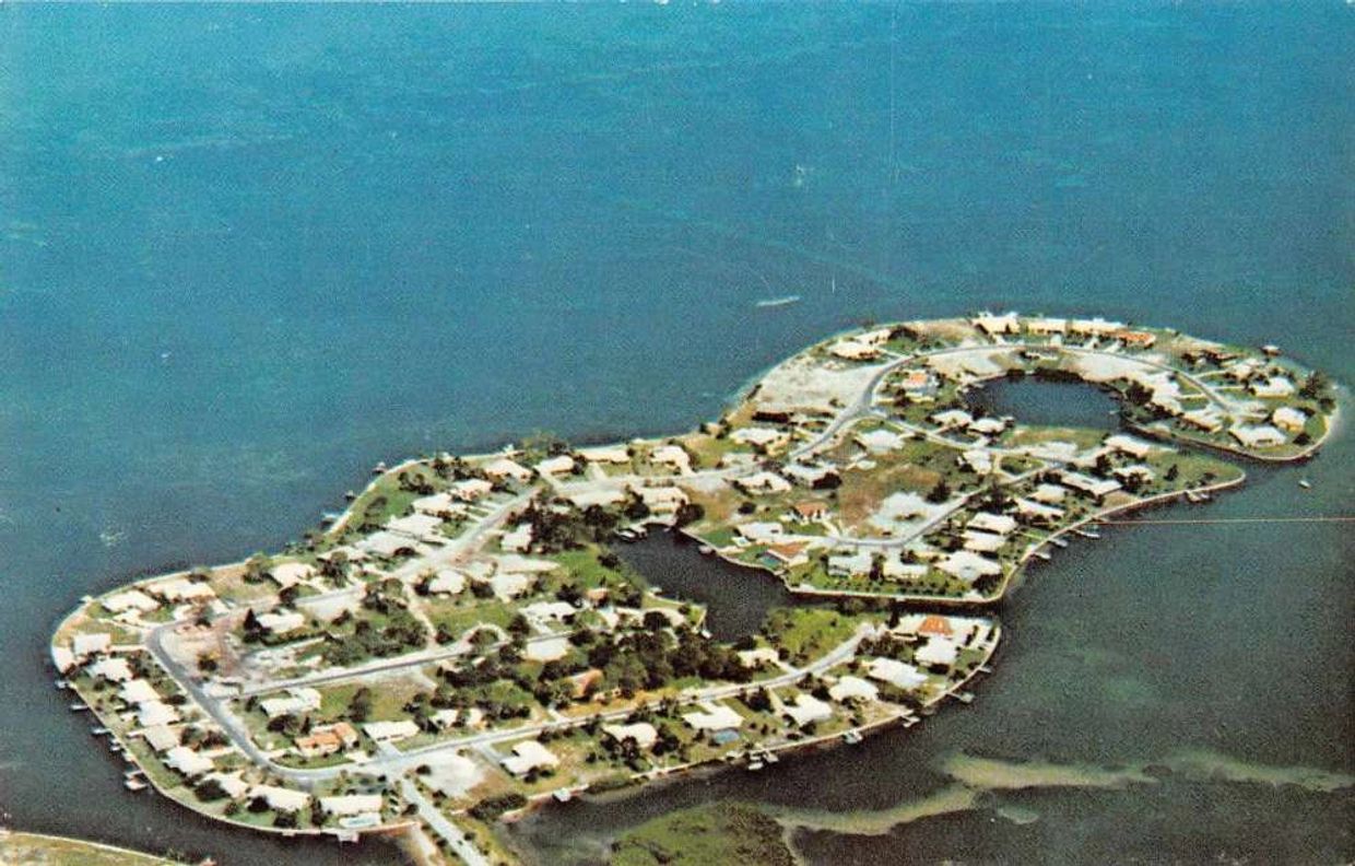 Aerial view of a guitar-shaped island with houses and roads.