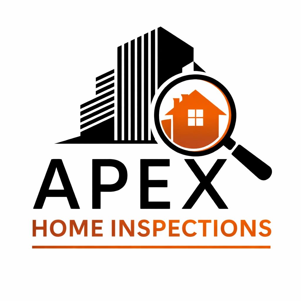 Logo for Apex Home Inspections with buildings and magnifying glass.