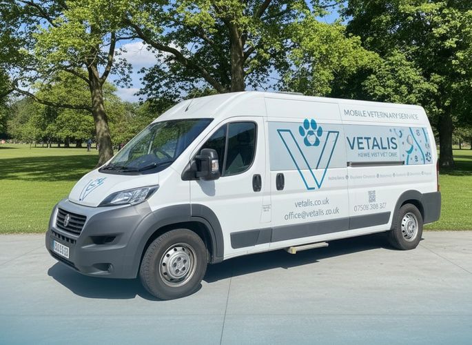 White mobile veterinary service van parked in a sunny park area.
