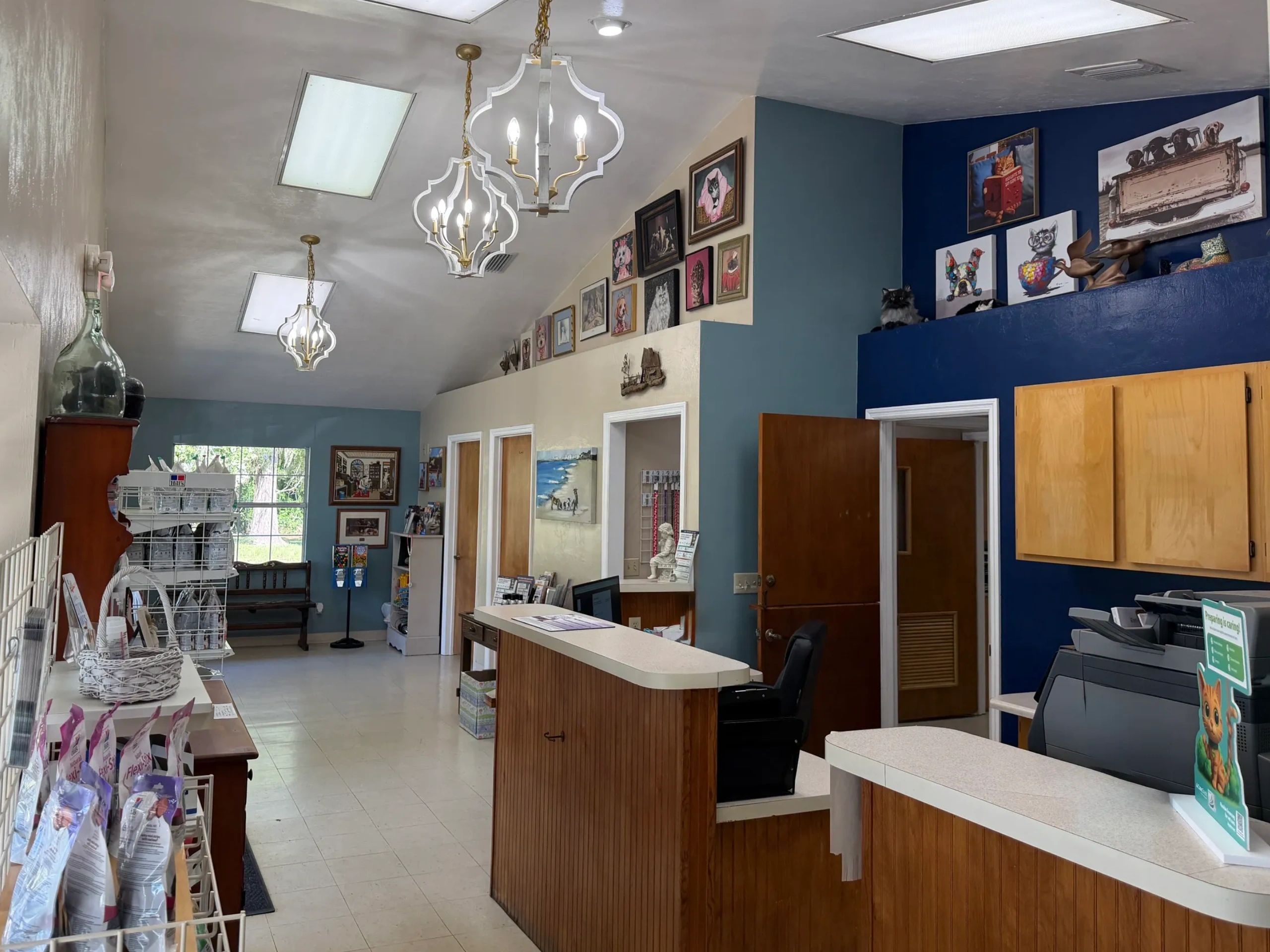 The interior lobby of Mayo Town & Country Animal Hospital, displaying the front desk and lobby.