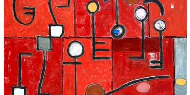 Abstract painting with red background and geometric shapes connected by black lines.