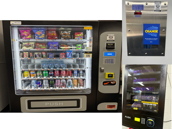 Vending machines for snacks, change, laundry powder and fabric softener.
