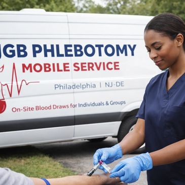 A healthcare worker drawing blood outside from a patient near a mobile phlebotomy service van.