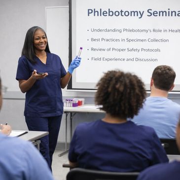Healthcare professional teaching a phlebotomy seminar to students.