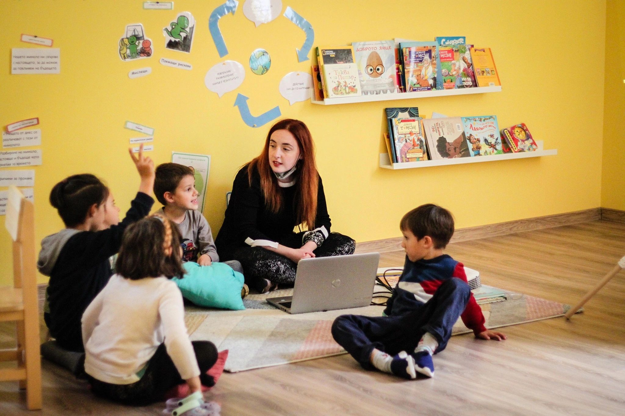 kids sitting in a circle in a classroom with an adult