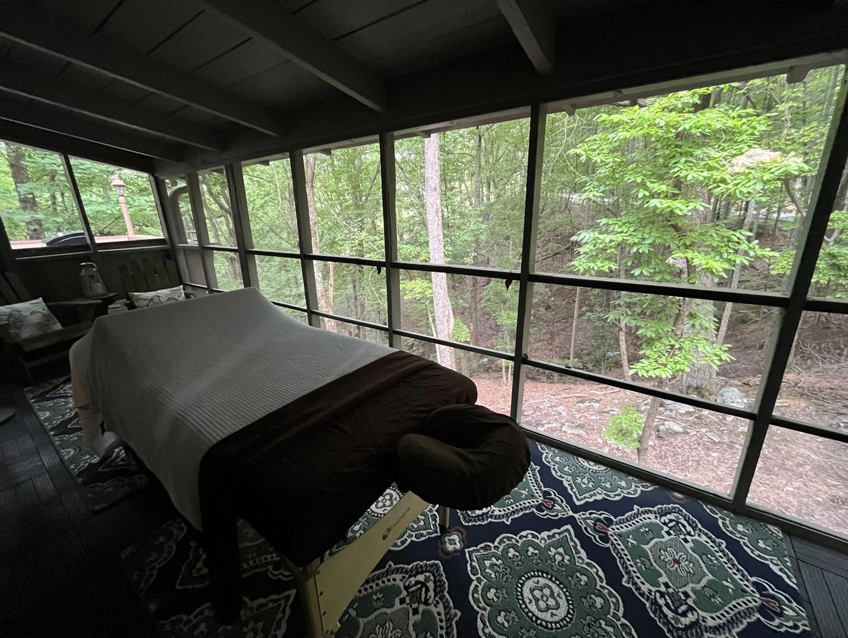Massage table on a screened porch overlooking a lush forest.