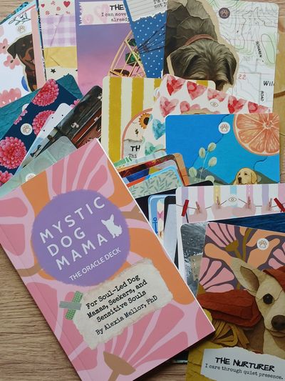 Mystic Dog Mama oracle deck with illustrated cards.