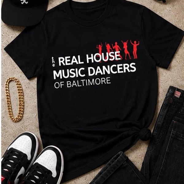 Black T-shirt with text and dancing figures graphic.