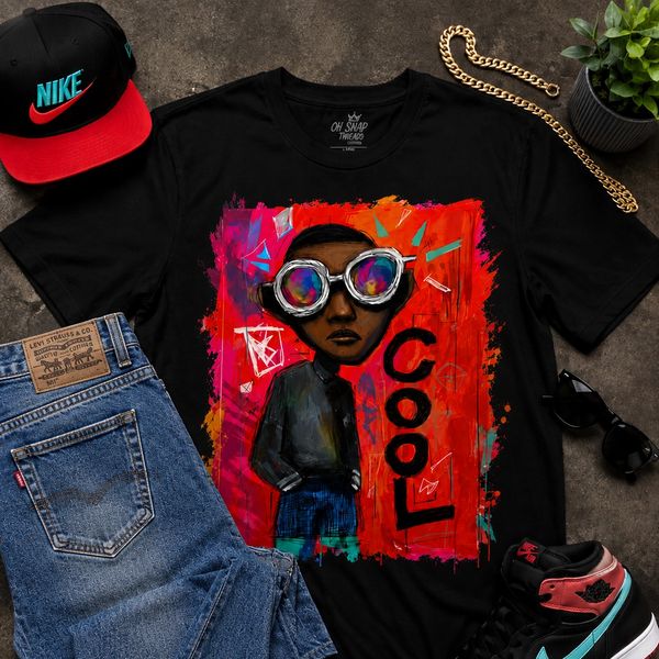 Black T-shirt with colorful 'COOL' graphic of a person wearing large sunglasses.