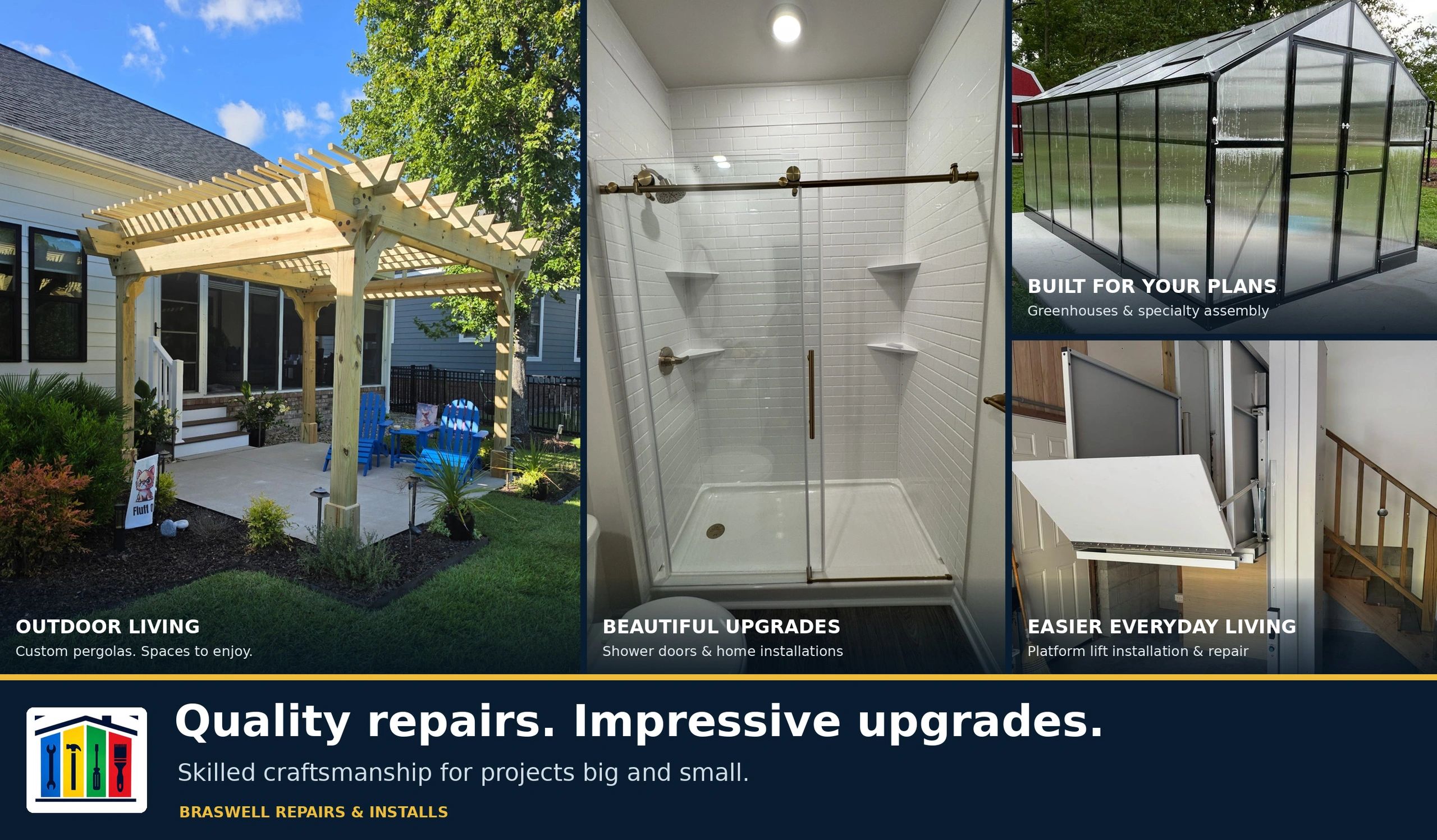 Pergola, gazeebo , shower upgrade, lift chair , elevator lift