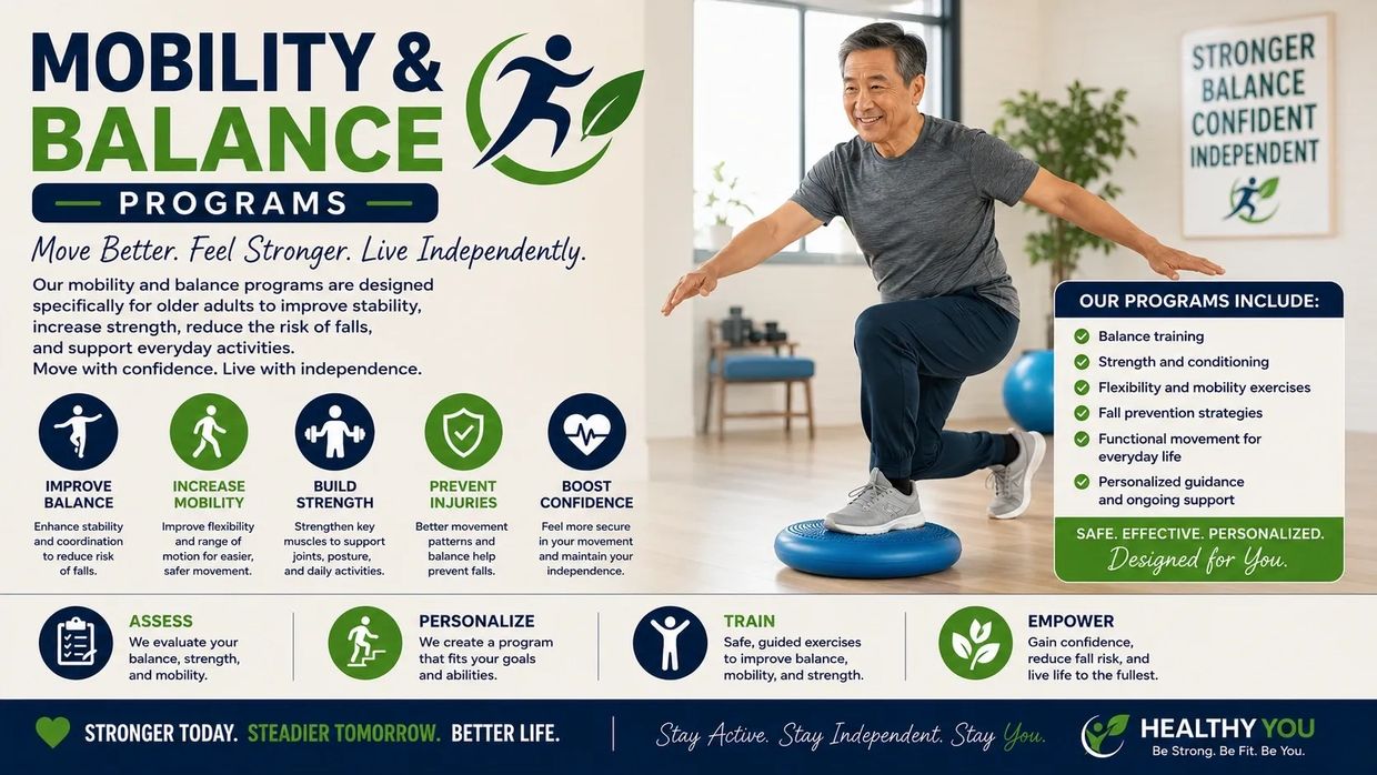 Older adult practicing balance exercises on a stability trainer for mobility and strength.