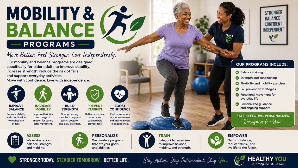 Older adult improving balance with a trainer in a mobility and balance program.