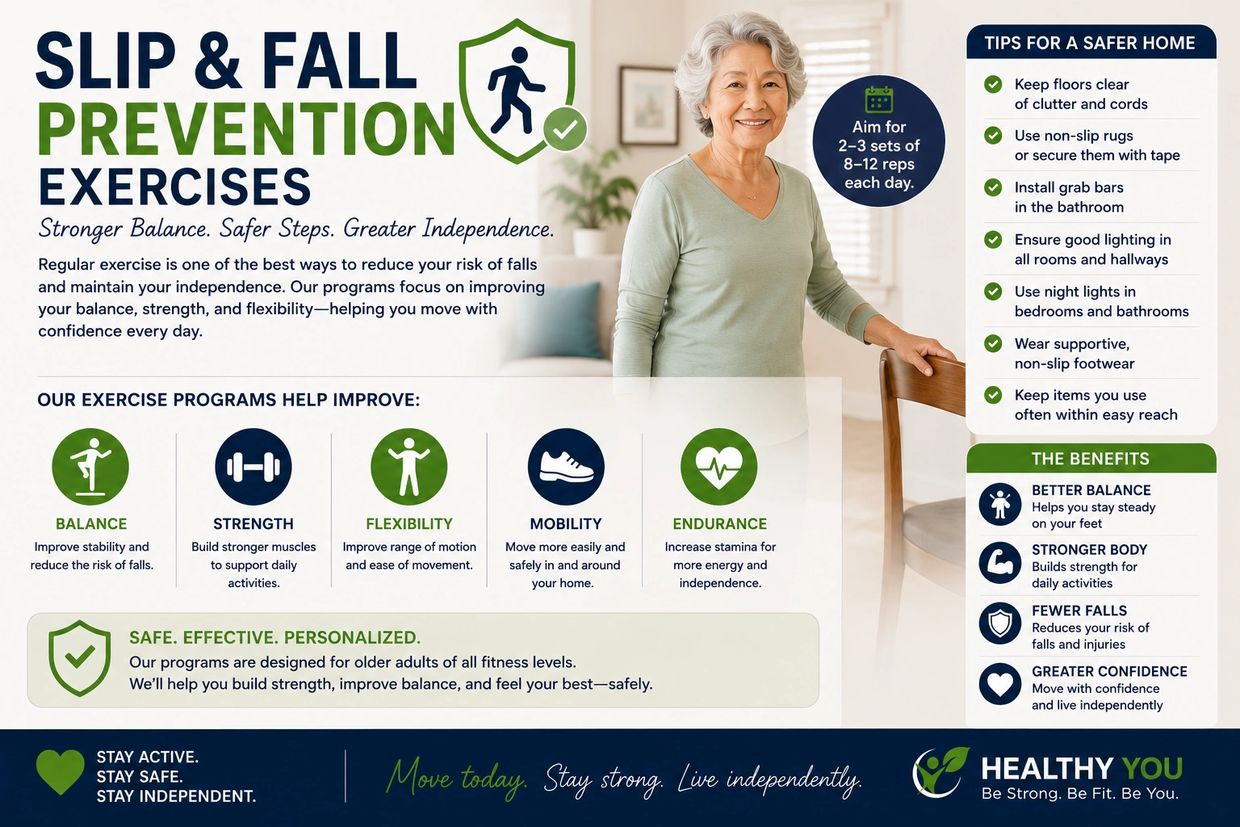 Slip and fall prevention exercises improve balance, strength, and mobility for safer independence.