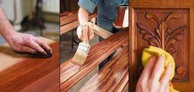 Three steps of wood finishing: sanding, staining, and polishing.