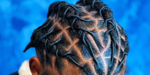 Intricate braided hairstyle with geometric patterns.