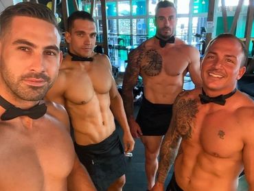 Male strippers posing for a Southern Highlands hens party in Bowral.