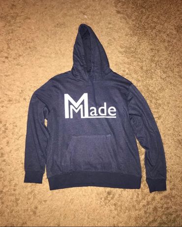 Navy blue hoodie with 'Made' printed in white on the front.