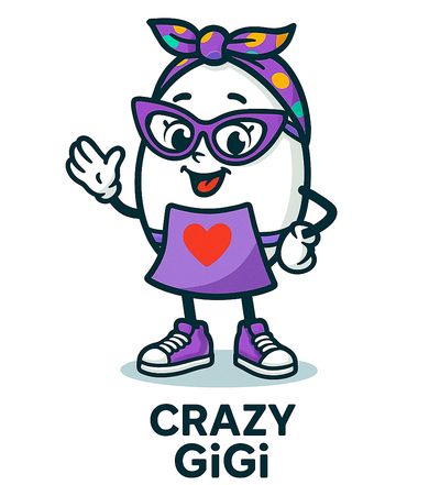 Picture of Crazy GiGi logo, cartoon egg with purple apron