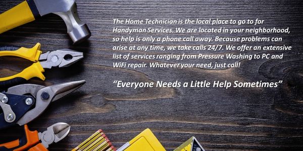 Handyman tools and services advertisement with a helpful quote on a wooden background.