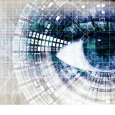 Digital eye with futuristic data overlays and geometric patterns.