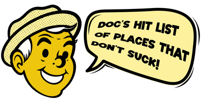 Image of Dr. Strange's face with a speech bubble saying Doc's Hit List of Places that don't suck!