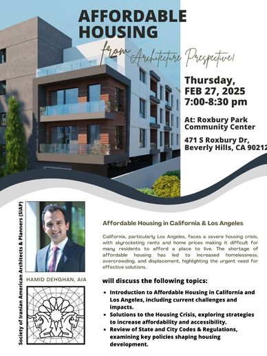 Flyer for affordable housing talk in Beverly Hills by Hamid Dehghan.