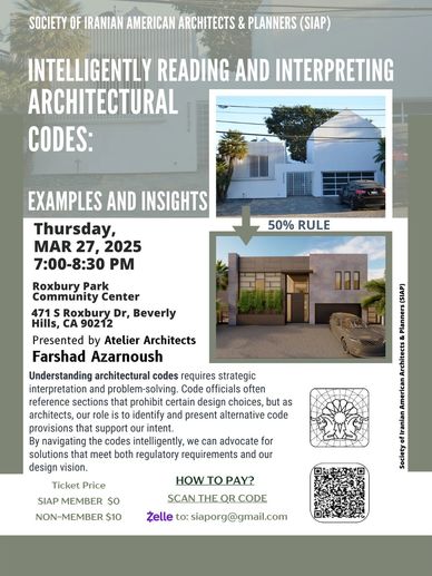 Architectural workshop flyer on reading and interpreting codes with examples and insights.