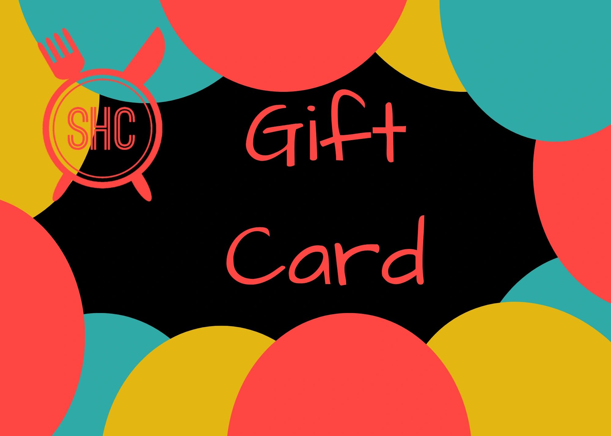 yellow, blue, and red , with words saying gift card