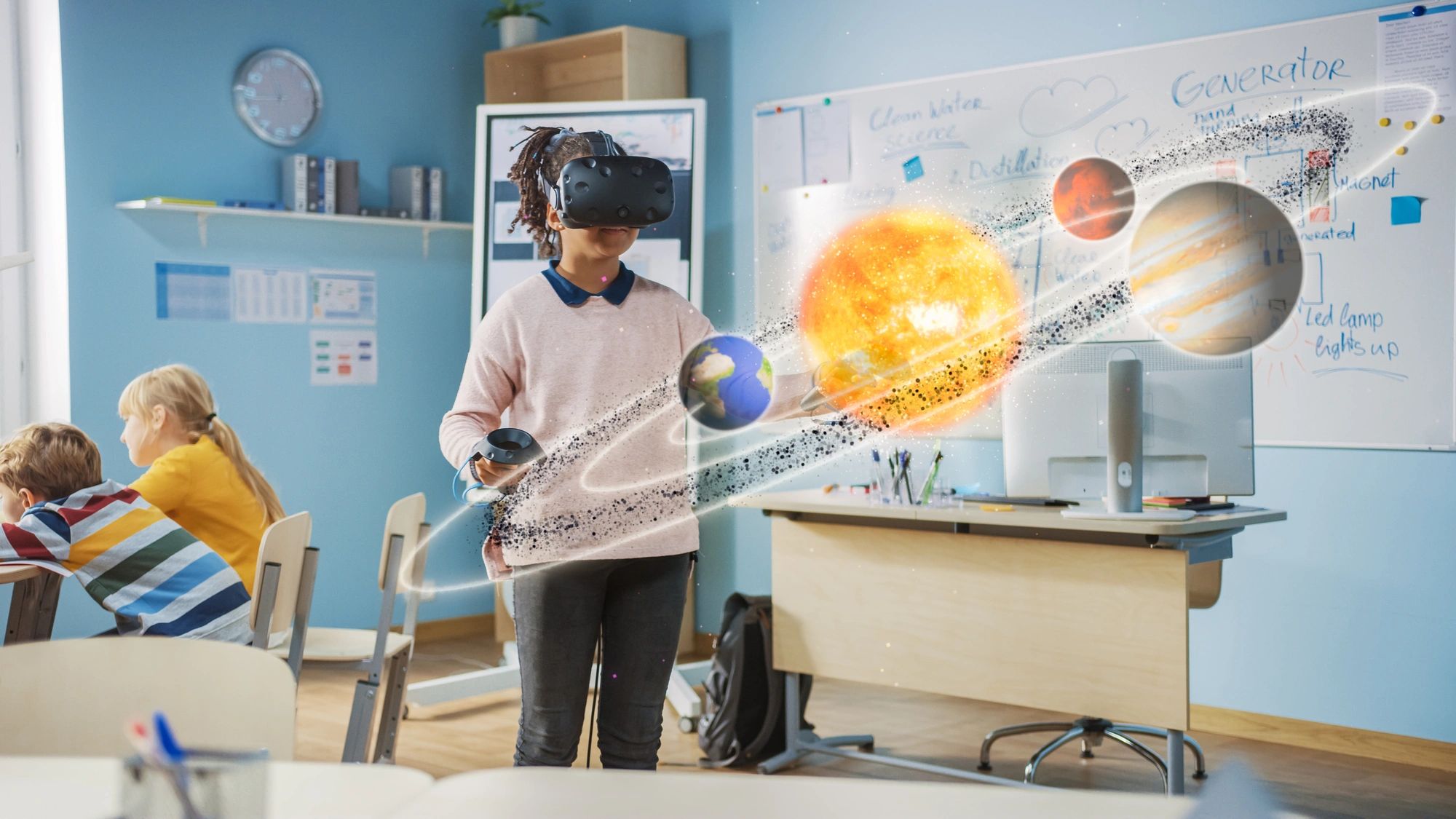 Young female student using virtual reality to learn about planets.