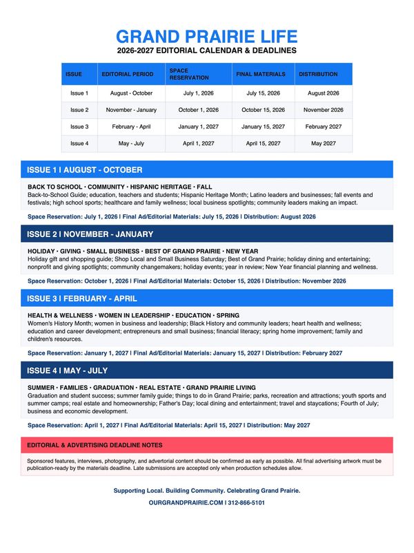 Editorial calendar for Grand Prairie Life 2026-2027 with issue dates and deadlines.