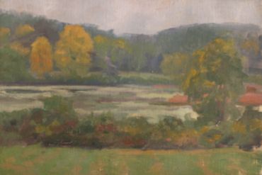plein air oil painting om stretched Belgian linen of Autumn at Ringwood Pond, NJ, Two golden maples.