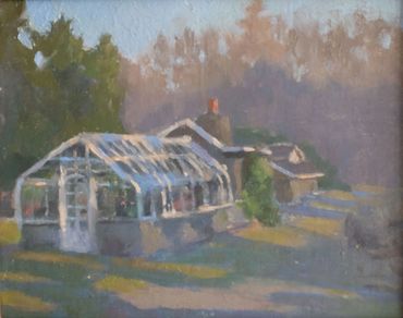 Garden State Winter Landscape Painting of a greenhouse on a cold winter morning  NJ botanical garden