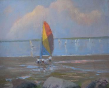 Oil Painting of sailing school at Greenwich Point beach.  Tod's Point, Old Greenwich CT  Hobie Cat s