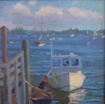 Oil Painting of a Fishing boat docked at the Boothbay Walking Bridge.