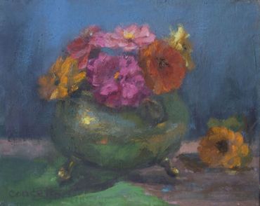 Floral still life oil painting, Zinnias in antique brass 