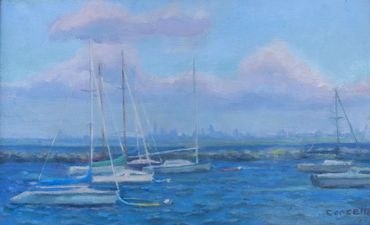 Oil Painting of sailboats in mooring field with NYC skyline in the distance.  Original, pleinair.