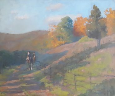 oil on stretched Belgian linen. Equestrian.
riders on horseback in an autumn landscape path beside a