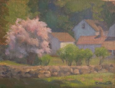 plein air oil painting oil on birchwood. Old Lyme, CT pink blossom tree and white buildings, stone