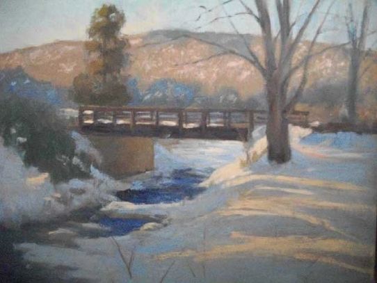 16 x 20. Oil on stretched belgian linen. Snow under the bridge. Ringwood Manor NJ. Garden State